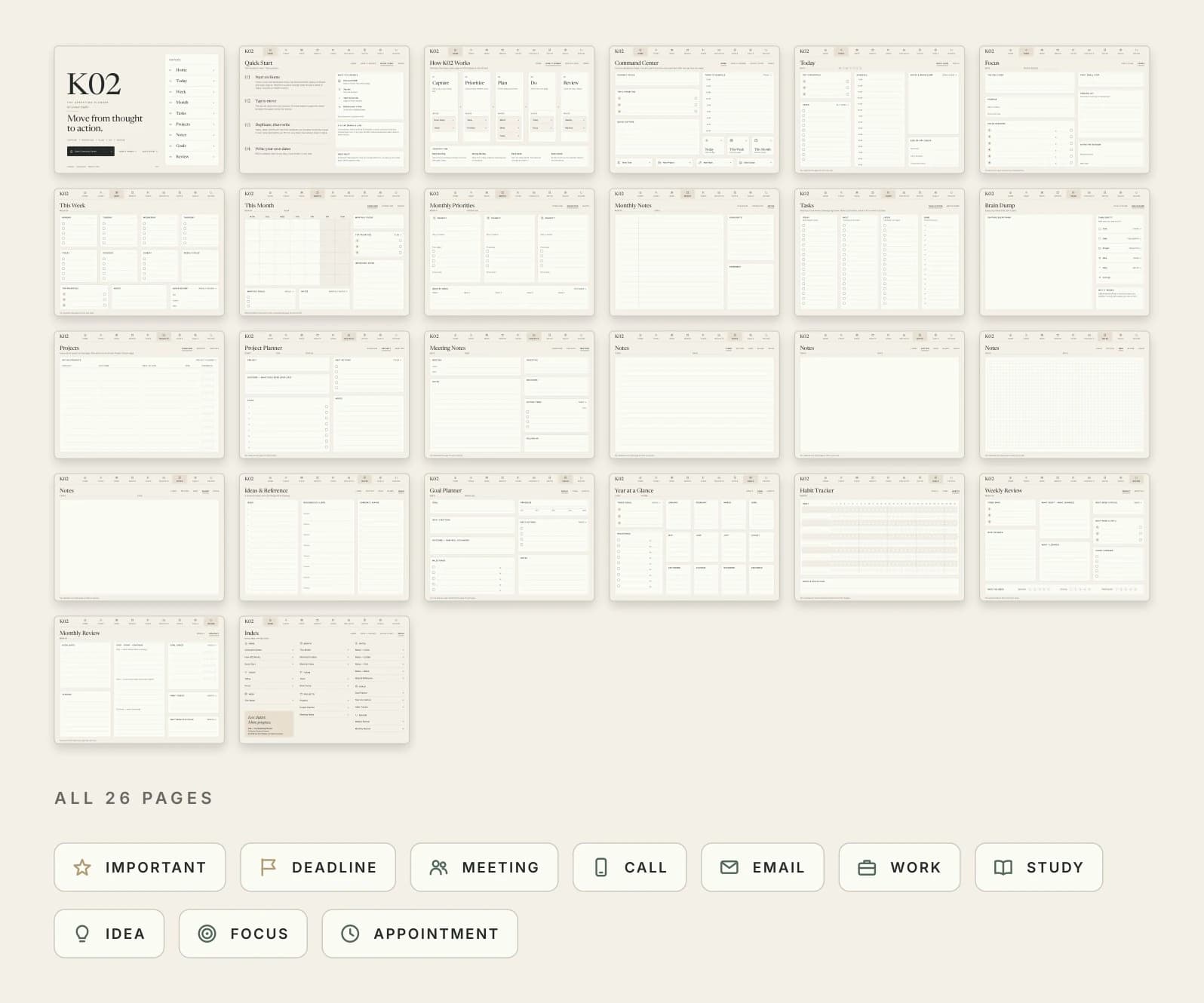 All 26 pages of the K02 planner as thumbnails, with a row of the K02 mini stickers: Important, Deadline, Meeting, Call, Email, Work, Study, Idea, Focus, Appointment