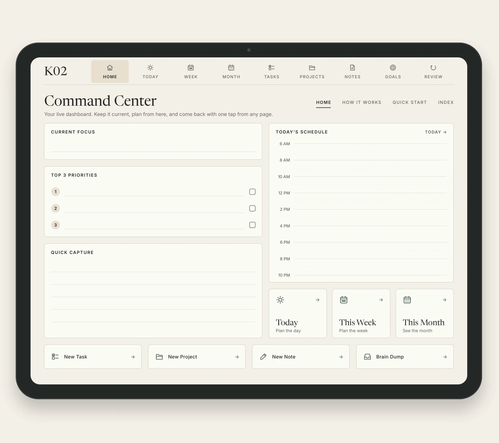 K02 Operating Planner Home dashboard — the Command Center — on a tablet