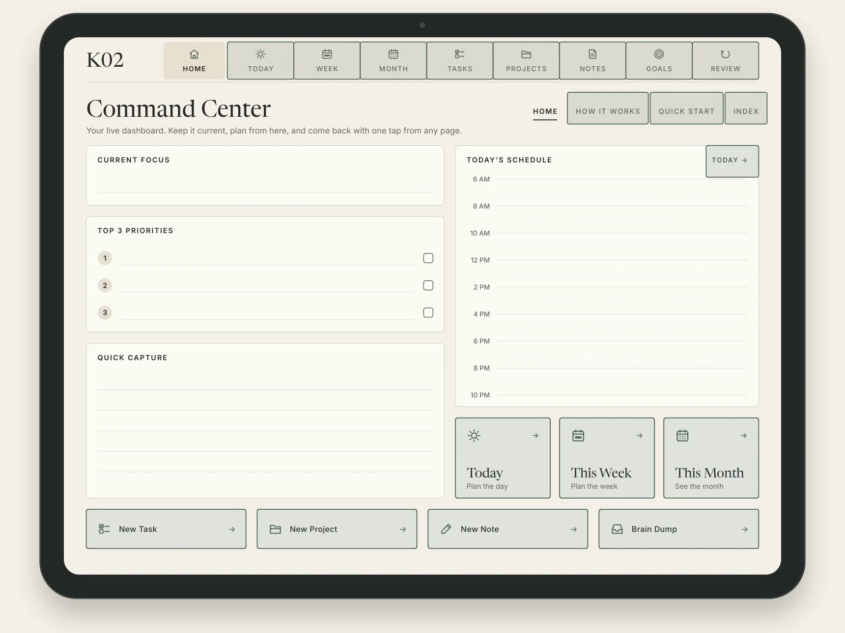 K02 hyperlinked navigation: every link on the Home page highlighted — the top bar, the section tabs and the shortcuts