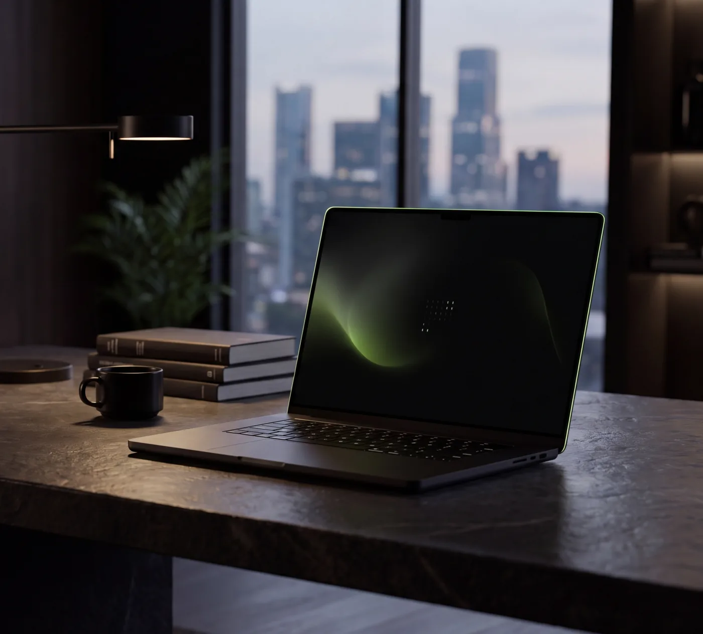 A Germar workspace at dusk — a laptop lit in acid green on a stone desk above the city.